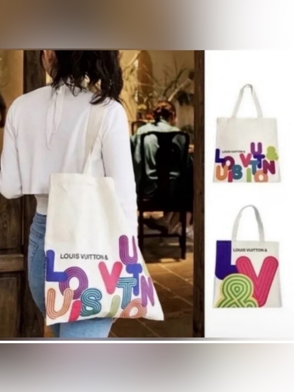 Louis Vuitton White Canvas Tote with Multicolor Logo Graphics